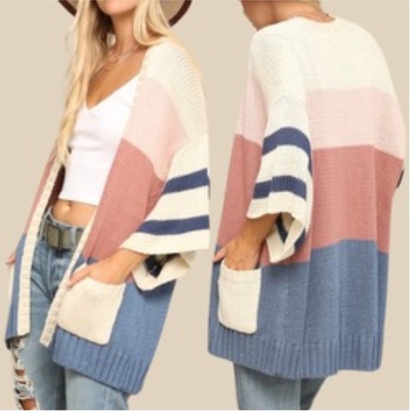 New in Boho Drapery Colorblock Wide Sleeve Open Front Cardigan - Picture 3 of 8